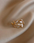 Diora | Adjustable Gold Ring With White Opal Leaf